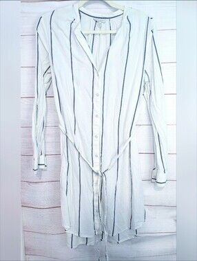 Euc Lucky Brand Button Down Navy Blue Striped Belted Shirt Dress Size Medium